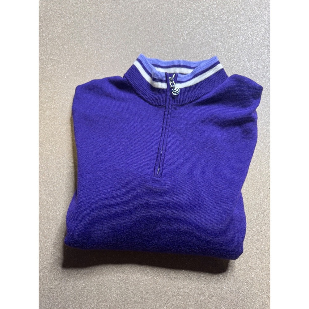 G/FORE Merino Wool 1/4 Zip Golf Pullover Sweater Purple Striped‎ Trim Size L